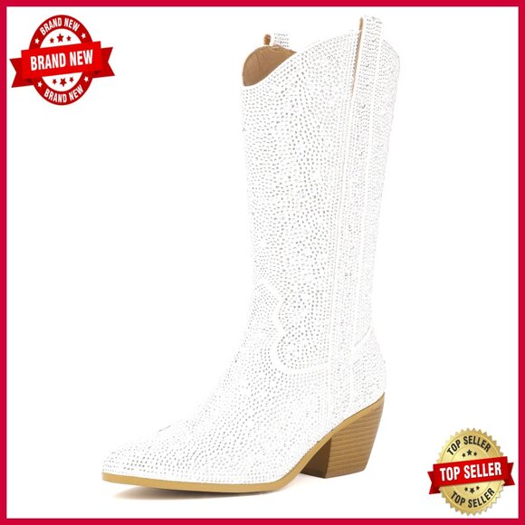 Shoes - Rhinestone Cowboy Boots Sparkly Western Mid Calf Chunky Heel Zipper Dress
